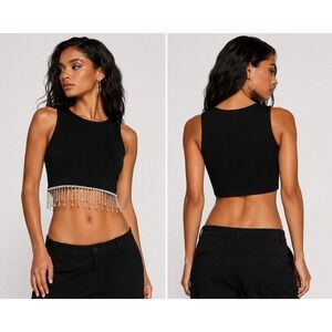 Sason Rhinestone Fringe Crop Top Size 6 Black Sleeveless Crew Neck Party Bling